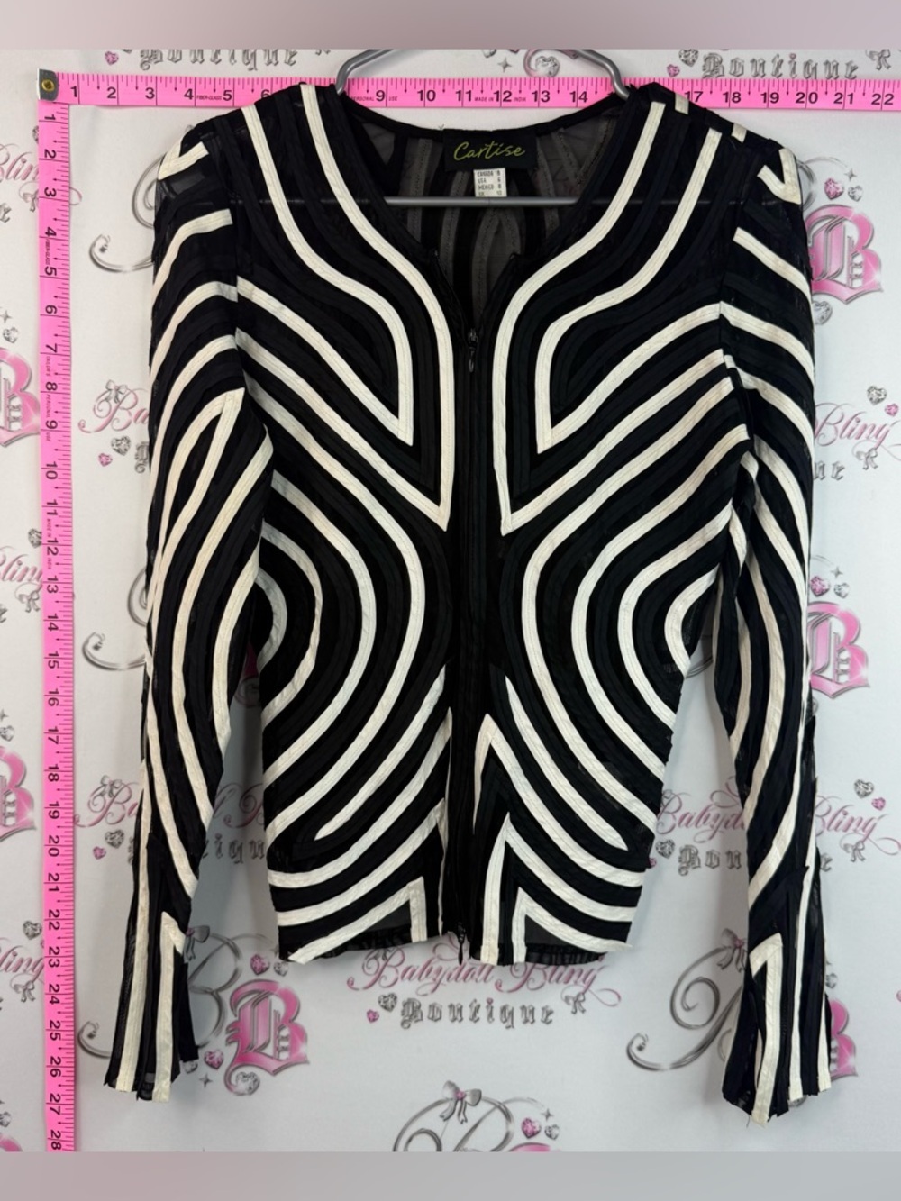 Cartise zip up long sleeve swirl shirt Black Sheer Striped Top cardigan zip